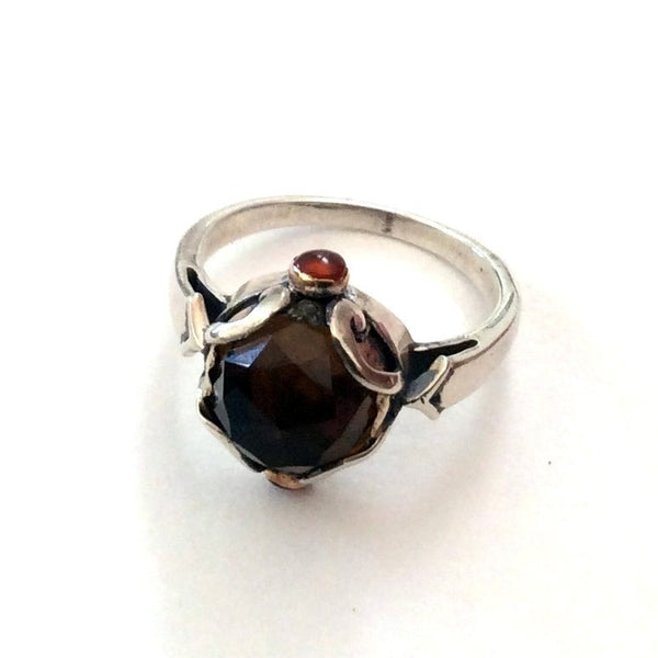 Smoky quartz Ring, Sterling silver ring, silver yellow gold ring, multi stones ring, carnelian ring, high silver ring - Hold my hand - R2162