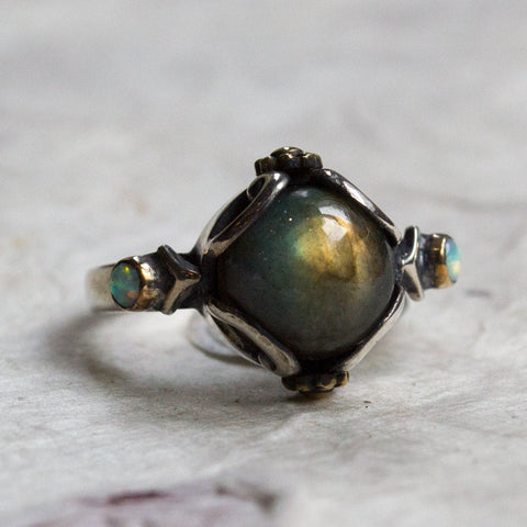 Silver gold Labradorite Ring, bohemian gypsy ring - Peace On Earth - R2216