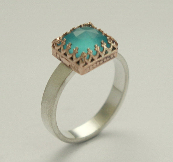 Sterling Silver Ring, rose gold ring, blue quartz ring, two-tone ring, rose gold crown ring, engagement ring, wedding ring - Kingdom. R1095H