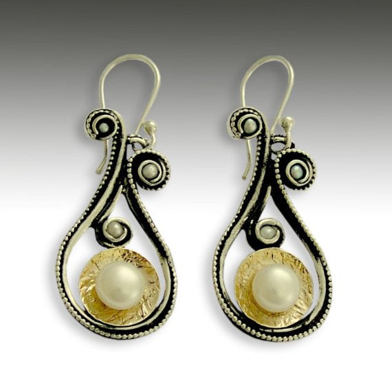 Black Pearl dangle silver gold earrings