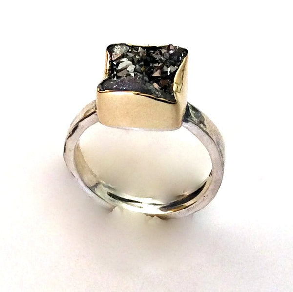 Gold silver druzy pyrite ring - Party girl R2177-1