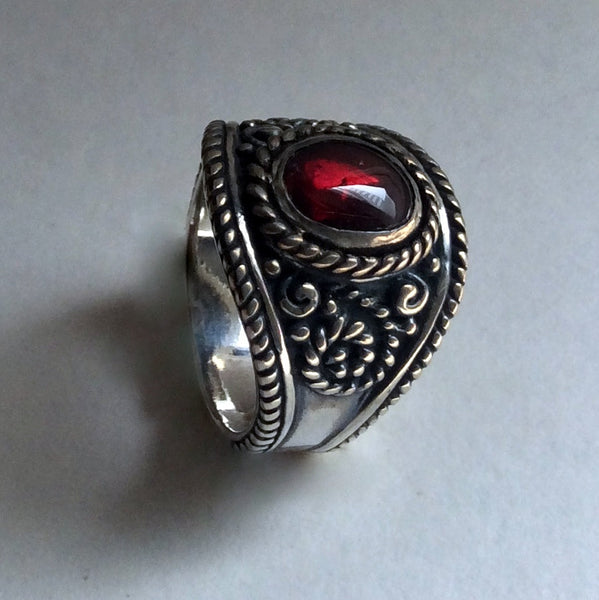 Red Garnet Ring, silver ring, gemstone ring, bohemian ring, Tibetan ring, gypsy ring, ornate ring, wide band, boho - The Real Thing R2220