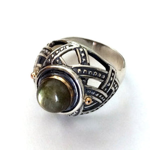 Rustic statement ring, high ring, sterling silver ring, two tones ring, statement ring, labradorite ring, gold silver ring - Zen R2175