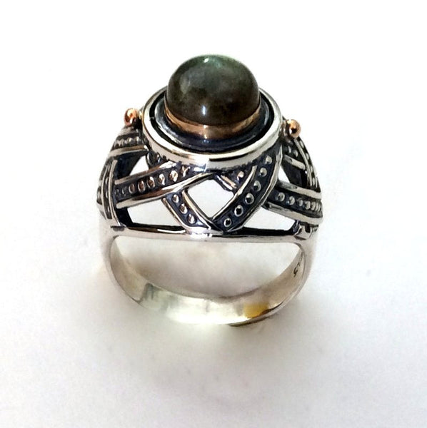 Rustic statement ring, high ring, sterling silver ring, two tones ring, statement ring, labradorite ring, gold silver ring - Zen R2175