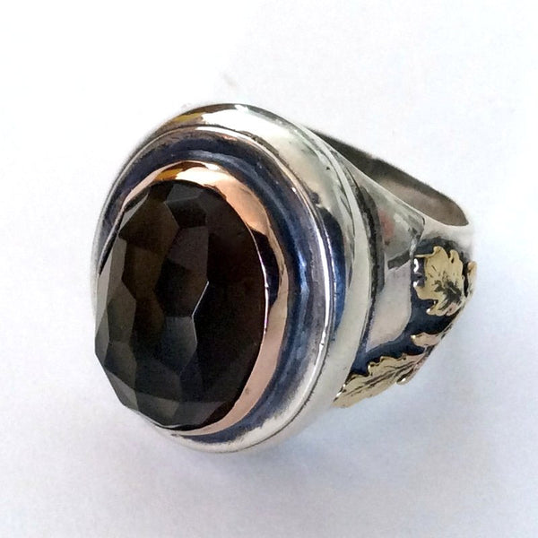 Smoky quartz gold silver statement ring - Basic instinct R2179