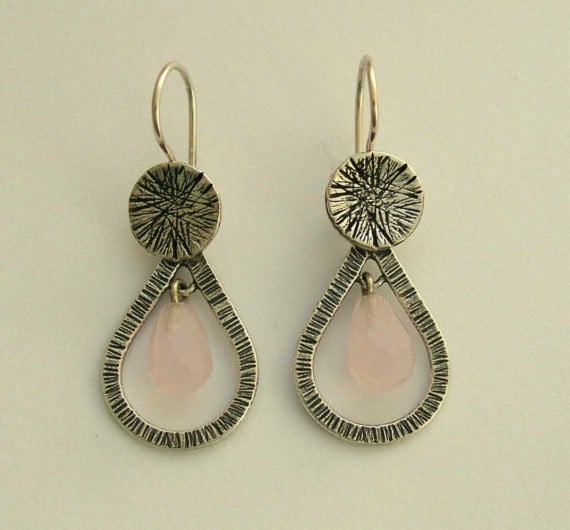 Pink quartz dangle drop sterling silver earrings