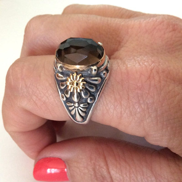 Smoky quartz ring, gemstone ring, brown stone ring, silver gold ring, floral ring, statement ring, cocktail ring - Mystic night R2172