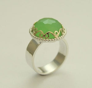 Green jade Silver gold gemstone crown statement ring - Royalty R1260