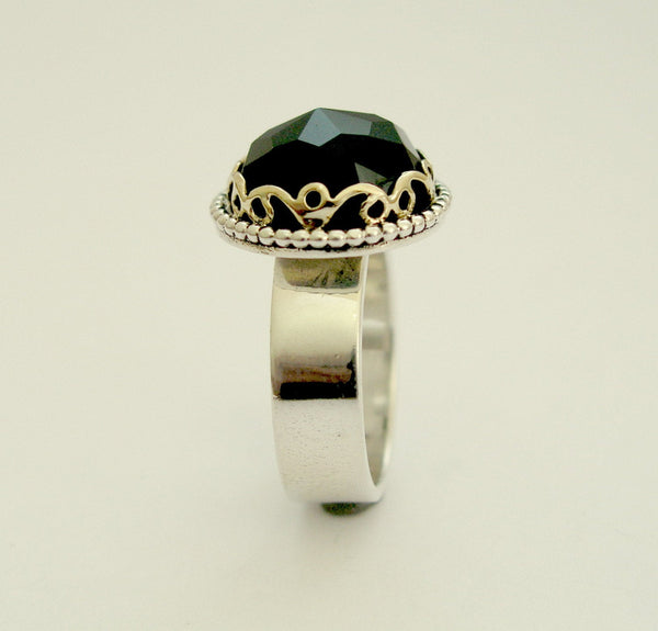 Green jade Silver gold gemstone crown statement ring - Royalty R1260