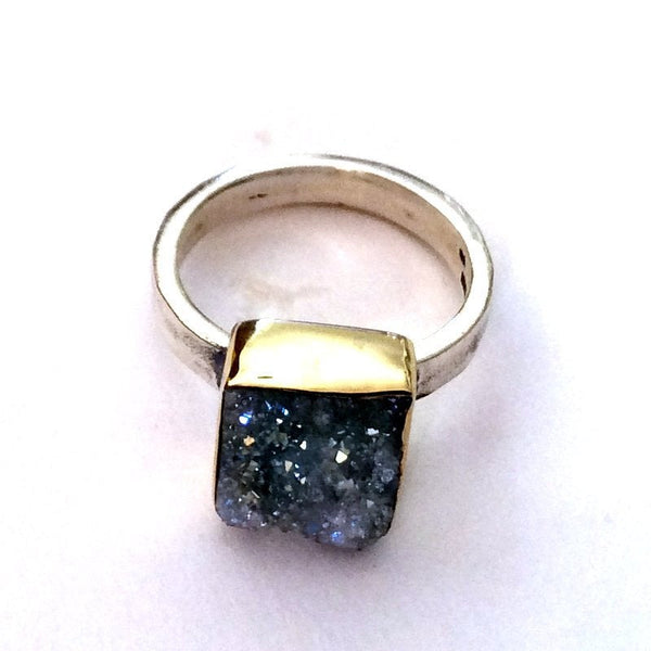 Gold silver druzy ring, boho ring, sterling silver ring, green, purple or silver druzy stone ring, hammered silver band - Party girl. R2177