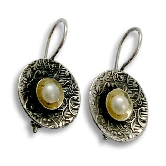 Sterling Silver Earrings, Silver Gold Earrings, Pearl earrings, Silver Pearl Earrings, Silver Filigree Earrings - Hold your breath E2089G