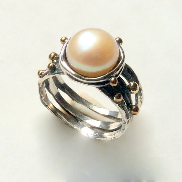Fresh water Pearl ring, two tone ring, engagement ring, statement ring, Gold silver ring, boho ring, organic ring - Light in your eyes R2239