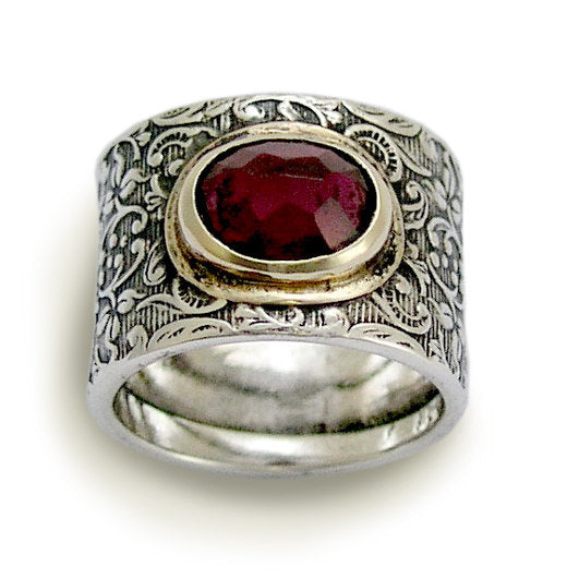 Garnet ring, Gypsy ring, Silver Gold Ring, vine ring, unique ring, boho chic ring, bohemian ring, stone ring, two tone ring - Craving R1624