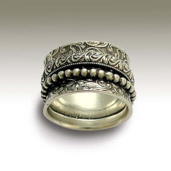 Sterling silver ring, spinner ring, botanical ring, spinning ring, wide silver band, meditation ring, filigree ring  - Morning bird R1209E
