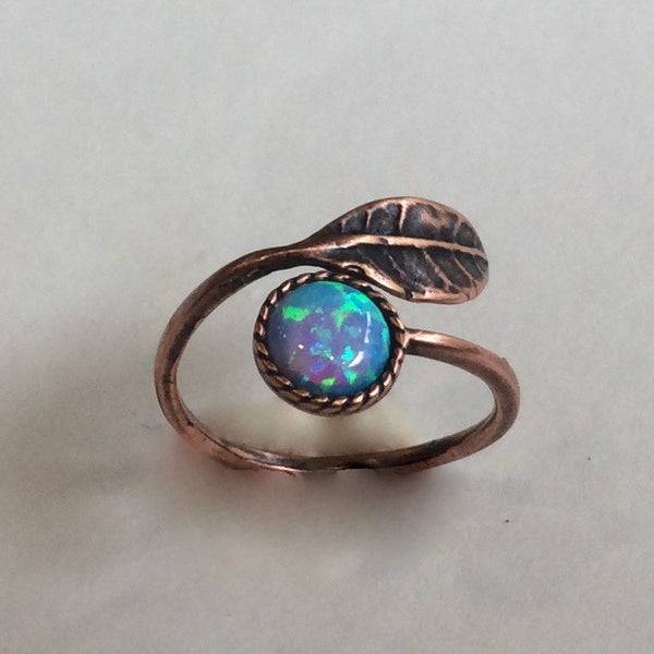 Leaf ring, bronze ring, opal ring, gemstone ring, Thin ring, hippie ring, stacking ring, delicate bronze ring - Gone with the wind RC2062-1
