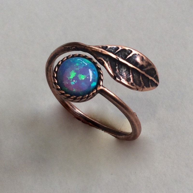 Leaf ring, bronze ring, opal ring, gemstone ring, Thin ring, hippie ring, stacking ring, delicate bronze ring - Gone with the wind RC2062-1