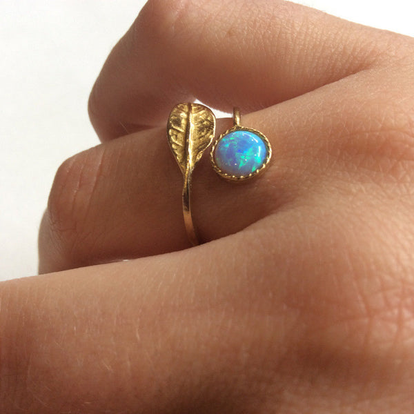 leaf brass opal simple delicate band