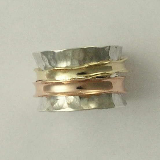 Sterling silver yellow and rose gold band, Wedding band, three Spinners ring, meditation band, two tones ring - Wonderland forever 3 R1026C
