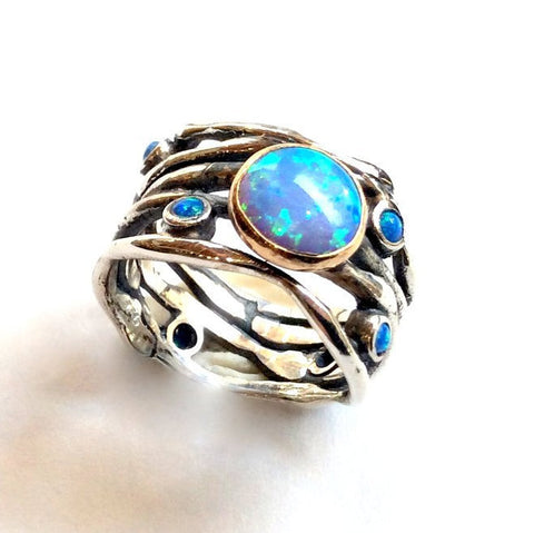 Opals ring, unique engagement ring, organic silver ring, gemstones ring, silver band, wide band, bohemian ring, hippie - Diamond sky R2151