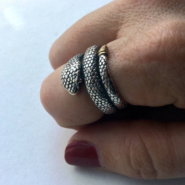 Silver gold ring, snake ring, bohemian ring, gypsy ring, snake band, hippie ring, long ring, unique ring, boho chic jewelry - Tempter R2232