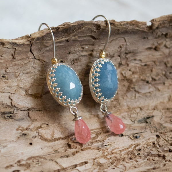 Aquamarine cherry quartz Dangle bridal earrings