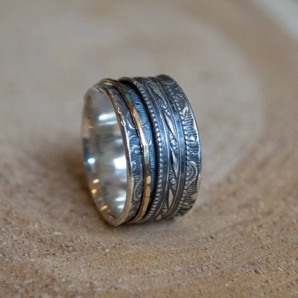 Silver ring, wide band, Spinners ring, fidget ring, meditation ring, silver gold ring, boho silver band, stacking rings - In my Heart R1209D