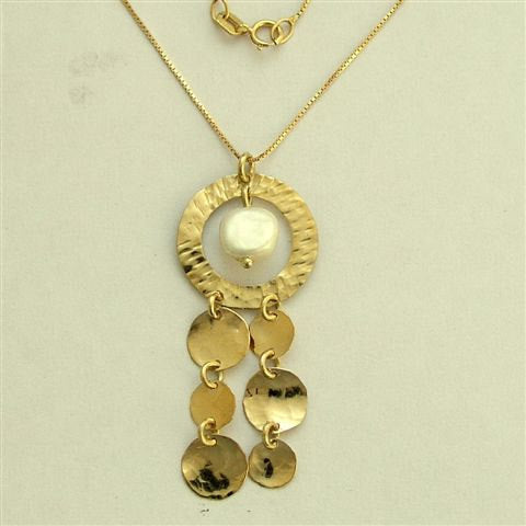 Solid Yellow gold necklace, fresh water pearl necklace, chandelier gold pendant, discs dangle necklace - Elegance is an attitude. NG4469-1