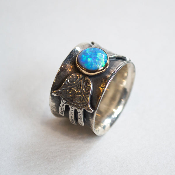 Hamsa silver ring,  silver gold ring, hand of fatima ring, opal ring, twotone ring, statement ring, boho ring, tribal - Feel the magic R2269