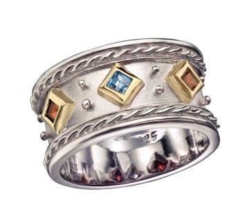 Mothers gemstone ring, sterling silver and gold ring, stones band, garnet, citrine and blue topaz gemstones - Dreaming in colors - R1141