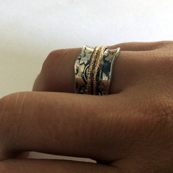 Silver ring, silver gold ring, woodland ring, boho chic jewelry, two tone ring, Wide unisex band, wedding band - Caught in the moment R2200