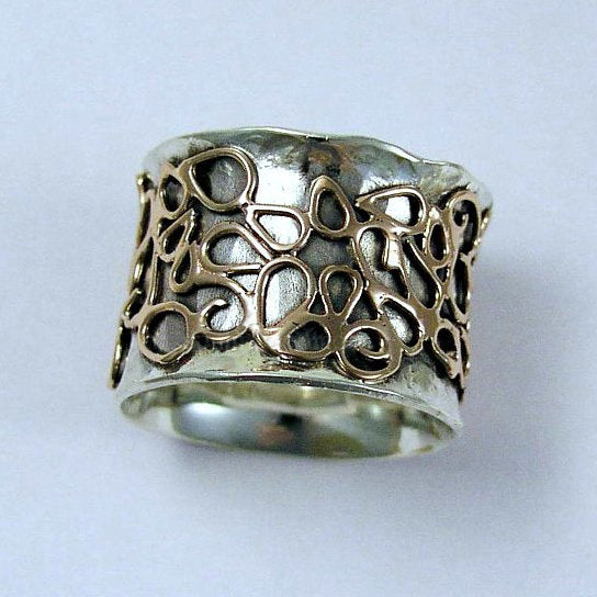 Mixed metals ring, gold silver combo ring, Wide Unisex Band, gold free-form lace ring - When I wander - R1221
