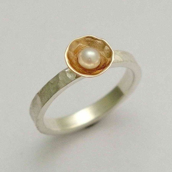 Rose Gold and Pearl Ring, engagement ring, wedding ring, bridal jewelry, single pearl ring, hammered ring, simple ring - Delicate. RG1102
