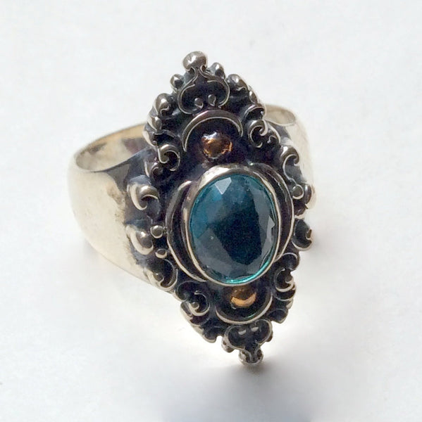 London topaz ring, Gemstone ring, Gypsy jewelry, mixed metals ring, boho chic ring, bohemian ring, Tibetan ring, unique - The blue sky R2243