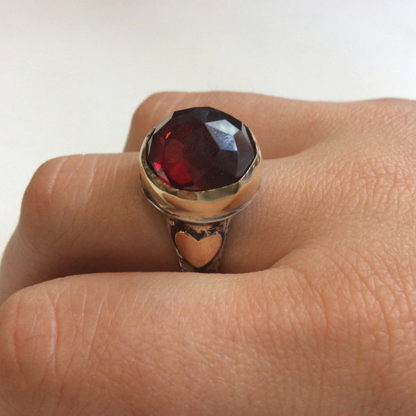 Garnet Ring, Silver gold Ring, Statement Ring, bohemian Ring, Hearts Ring, engagement ring, January birthstone - The Queen of hearts R2139