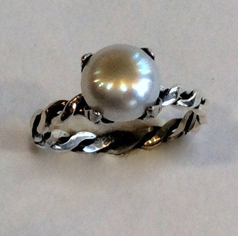 Pearl sterling silver ring, Silver engagement ring, unique engagement ring, nature ring, twig ring, delicate pearl ring - Ice queen R2067