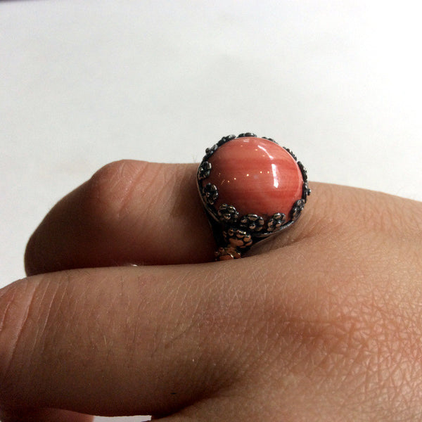 Peach coral ring, gemstone ring, two tones ring, high stone ring, flowers ring, gold silver ring, Sterling silver ring - Imagine us R2108-2