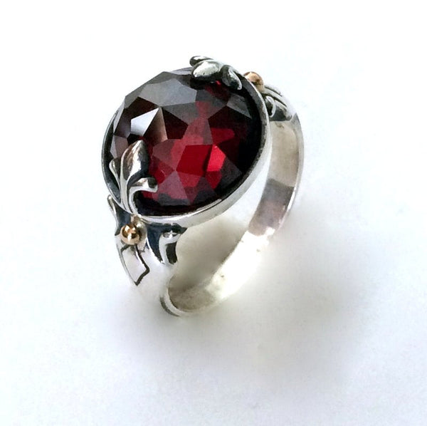 Garnet ring, Silver Gold Ring, sterling Silver ring, stone ring, January birthstone, fleur de lis ring, bohemian jewelry - To be alive R2182