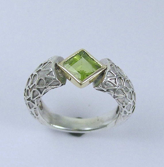 Square peridot ring, August birthstone ring, Sterling silver ring, yellow gold ring, Green gemstone engagement ring - In your steps R1227