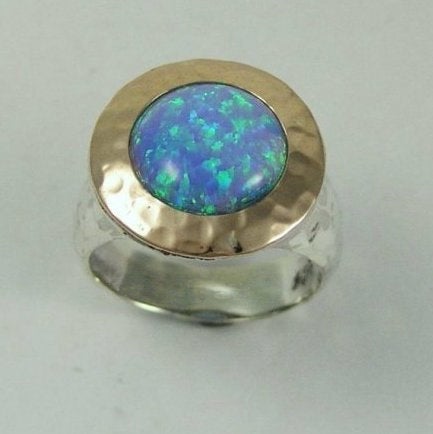 Blue opal silver gold two tones ring