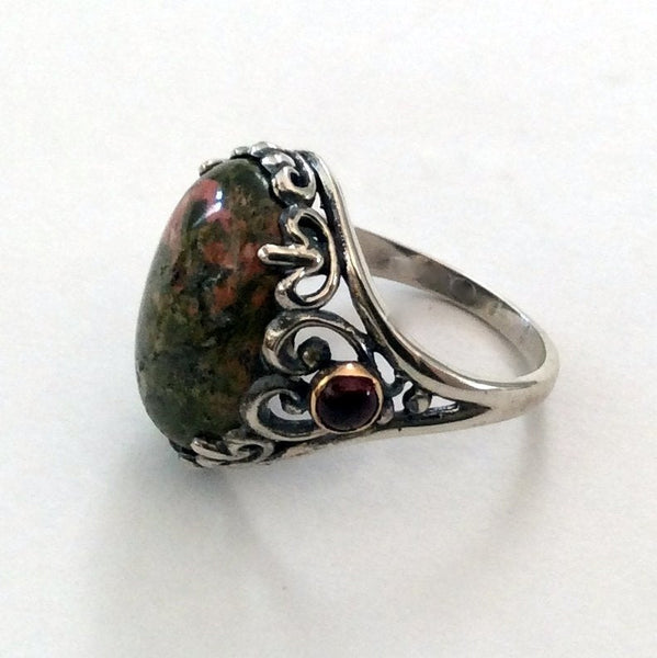 Green jasper ring, Cocktail Ring, sterling silver ring, silver yellow gold ring, statement ring, gemstone ring, garnets - Calm Love R2163