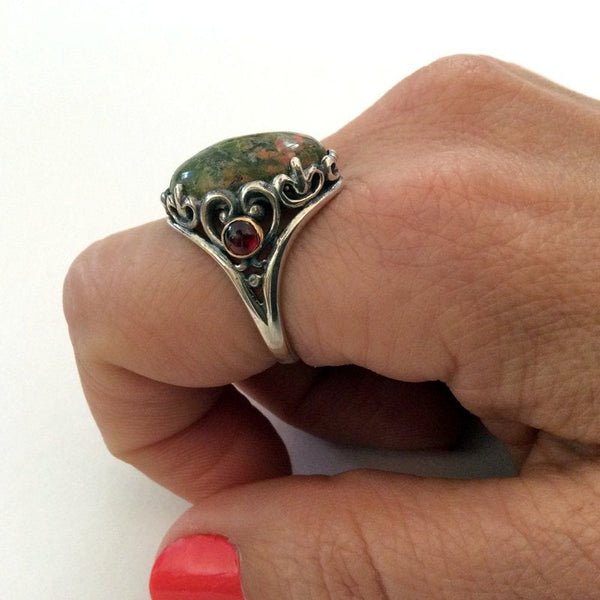 Green jasper ring, Cocktail Ring, sterling silver ring, silver yellow gold ring, statement ring, gemstone ring, garnets - Calm Love R2163