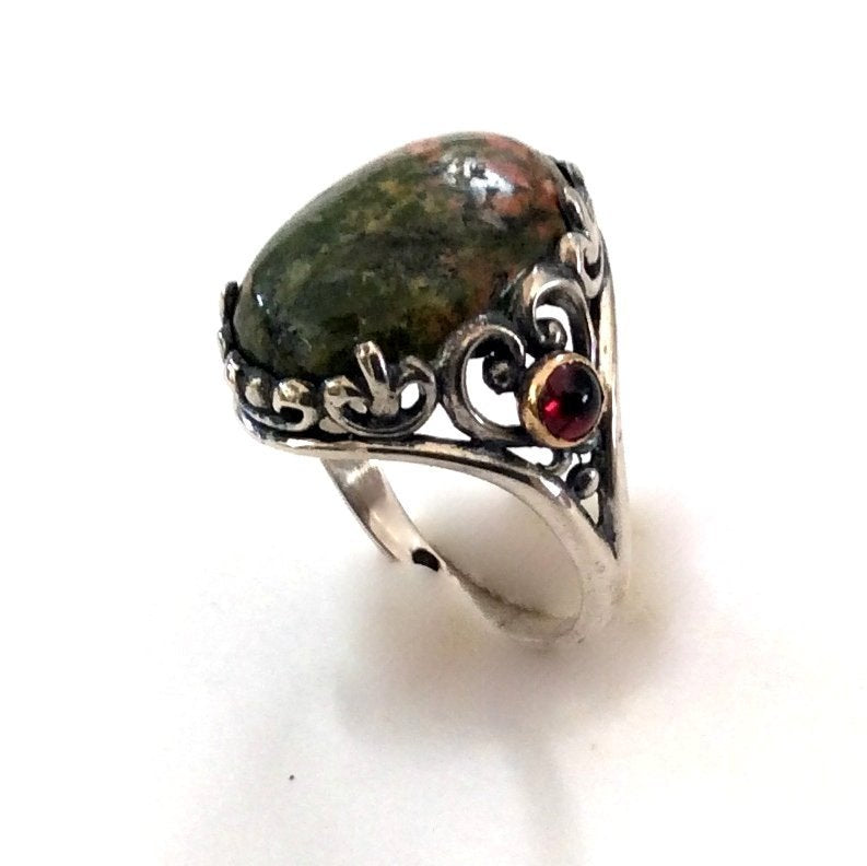 Green jasper ring, Cocktail Ring, sterling silver ring, silver yellow gold ring, statement ring, gemstone ring, garnets - Calm Love R2163