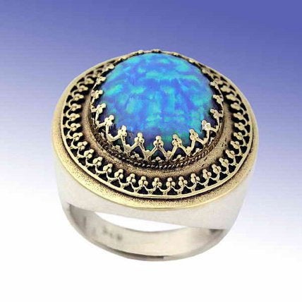 Blue opal Sterling silver gold crown ring