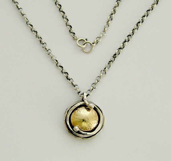 Sterling silver necklace, hammered necklace, yellow gold pendant, oxidized necklace, round casual necklace - Walking in circles N8980G