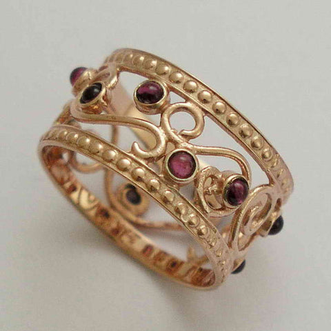Solid rose gold wedding band,  multi stones ring, wide gold ring, Garnets ring, boho wedding band, gift for her - Shades of spring RG1267