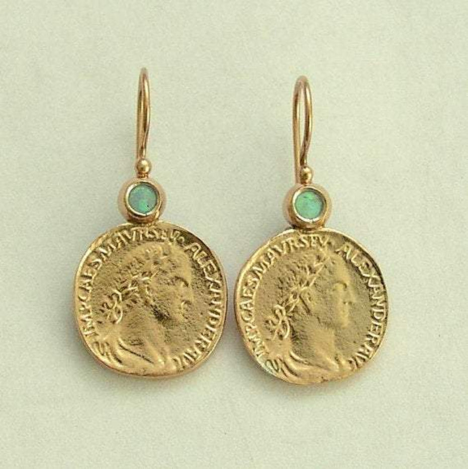 14k yellow gold Coin opal earrings