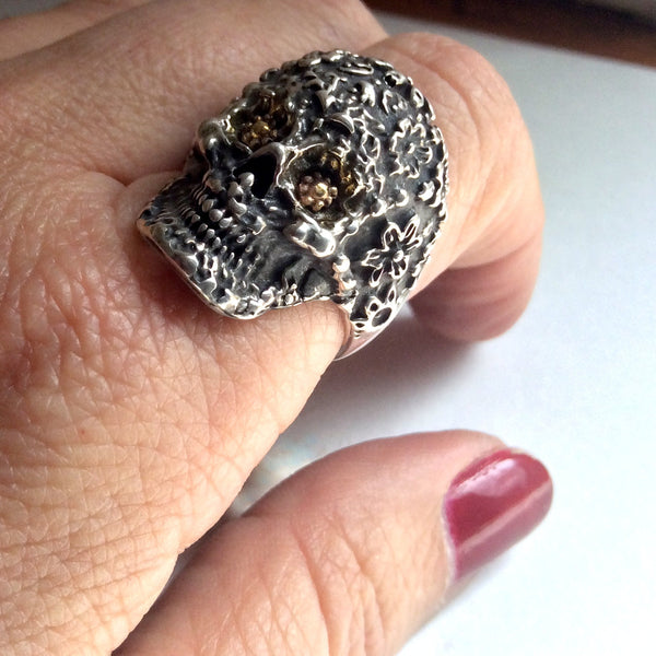 Biker Skull ring, day of the dead ring, floral skull ring, frida kahlo ring, unisex skull ring, twotone skull ring -  Everlasting Love R2221