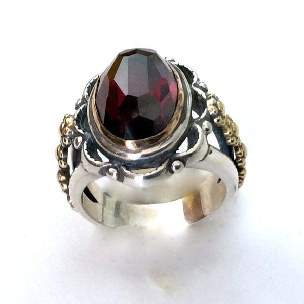 Garnet ring, gold silver ring, Two-tone Ring, yellow gold floral ring, engagement ring, two toned ring, red stone  - Love me tonight R2173