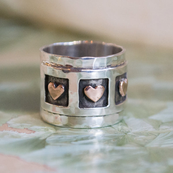 Hearts ring, valentines ring, Sterling silver band, heart band, wide silver band, hammered silver ring, Boho ring - Live laugh love - R1281S