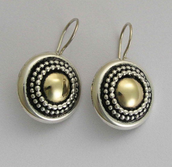 Green quartz earrings, Two tones earrings, sterling silver gold earrings, mixed metal earrings, oxidized earrings - Green Heart E0294X
